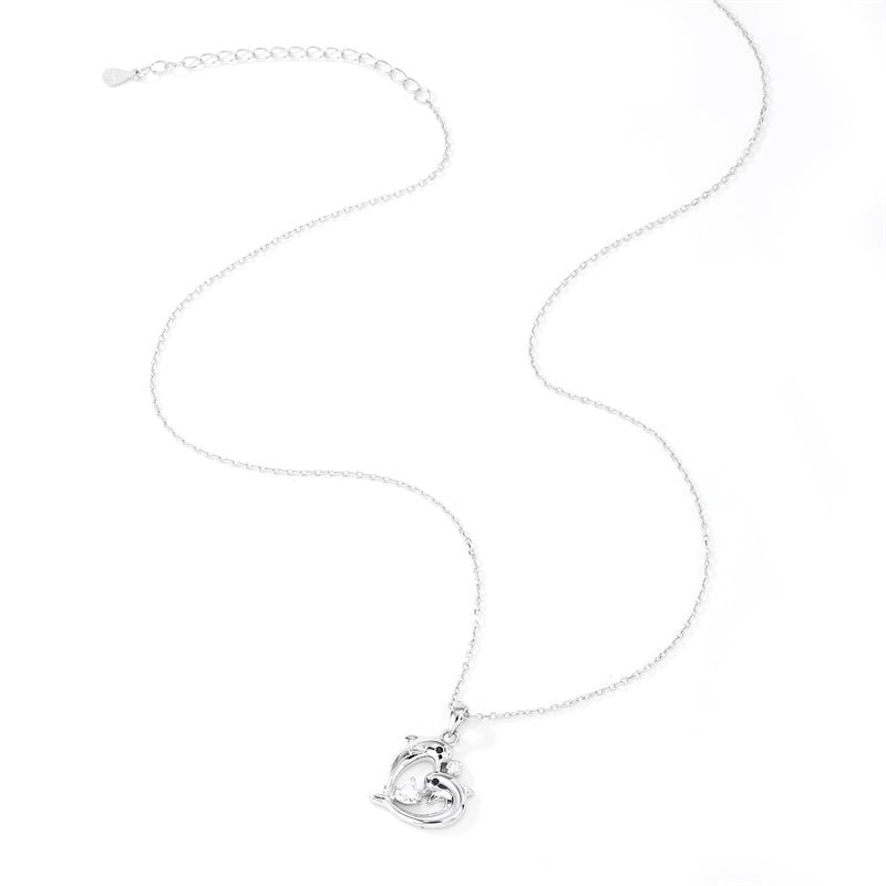 925 Sterling Silver Double Dolphin Heart Pendant Necklace