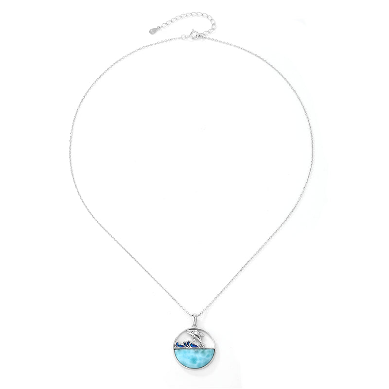 Natural Larimar 925 Sterling Silver Dolphin Pendant Necklace
