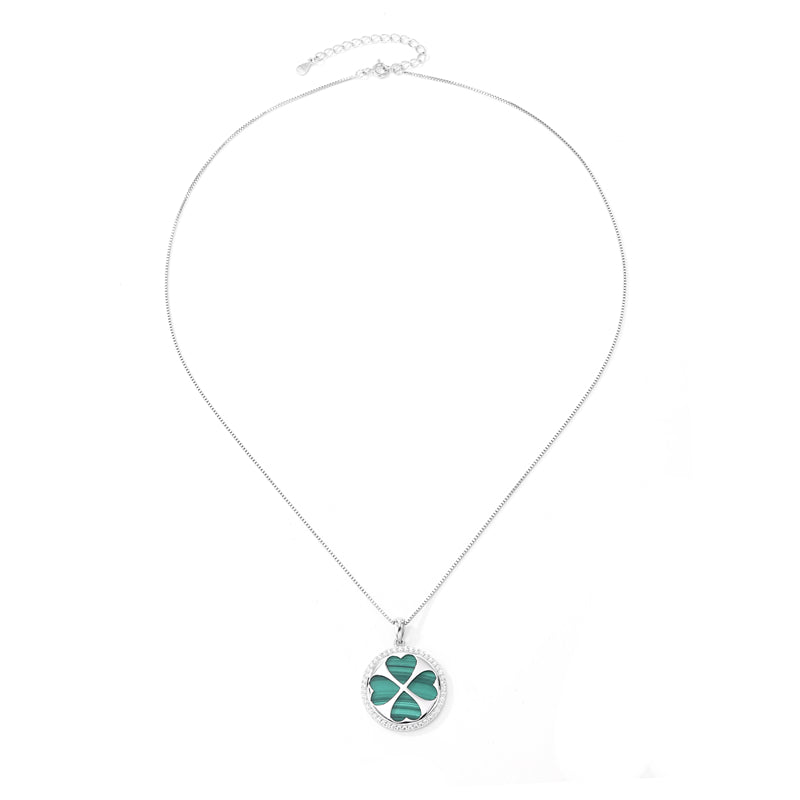 Natural Malachite 925 Sterling Silver Four-Leaf Clover Pendant Necklace