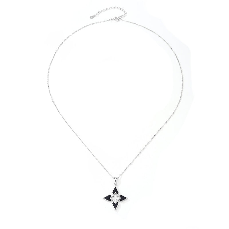 Natural Black Onyx 925 Sterling Silver Geometric Cross Pendant Necklace