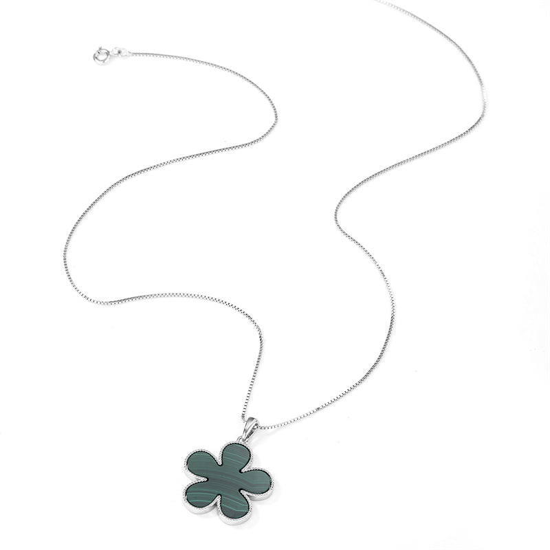 Natural Malachite 925 Sterling Silver Flower Pendant Necklace