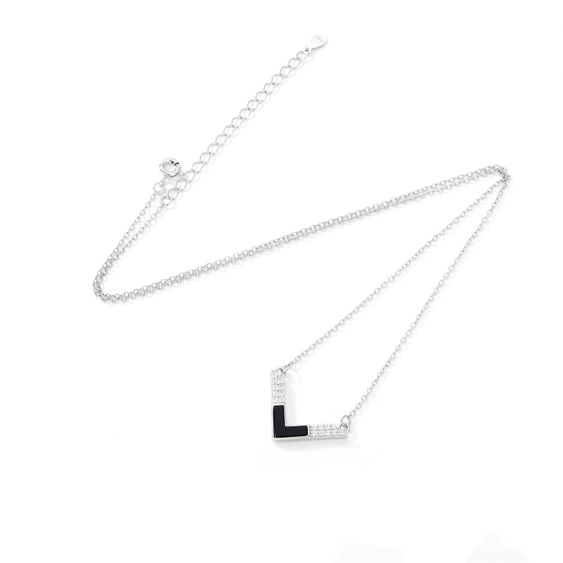 Natural Black Onyx 925 Sterling Silver V-Shaped Pendant Necklace