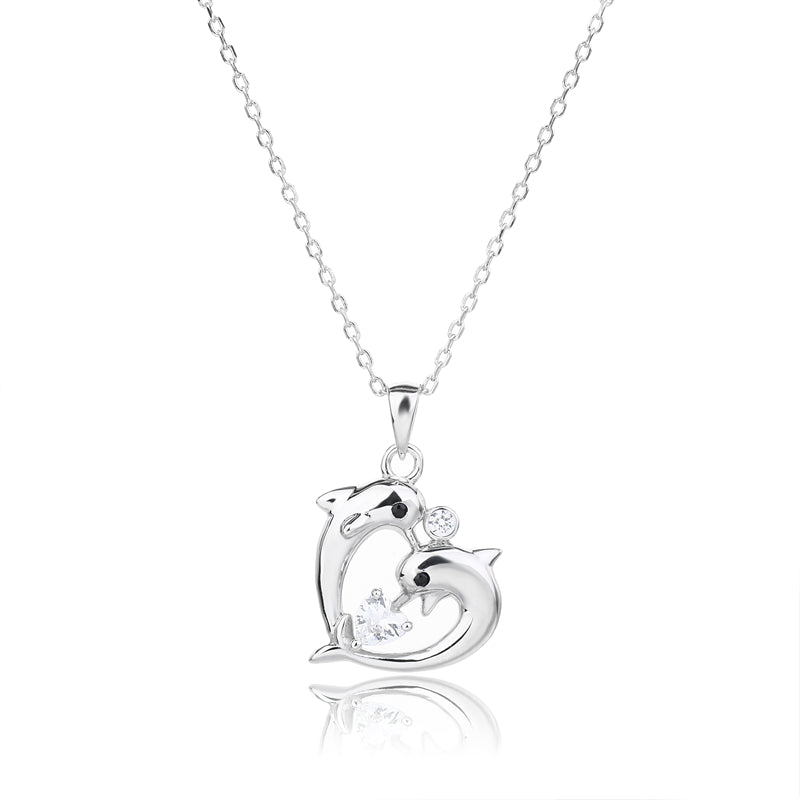 925 Sterling Silver Double Dolphin Heart Pendant Necklace