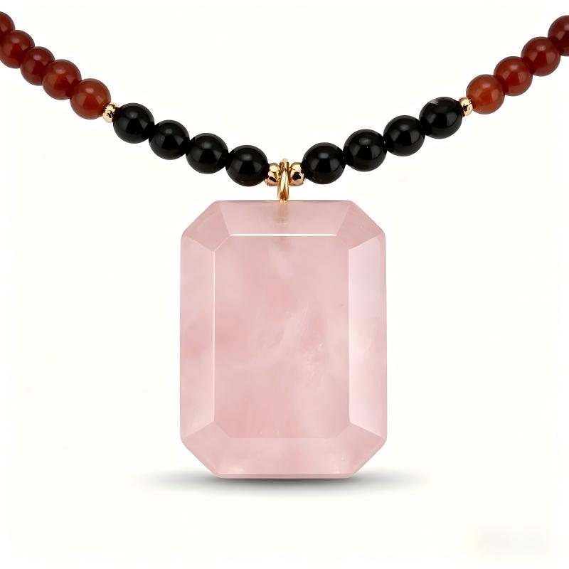 Rose Quartz Pendant Necklace | Adjustable Natural Black Onyx Red Agate Beaded