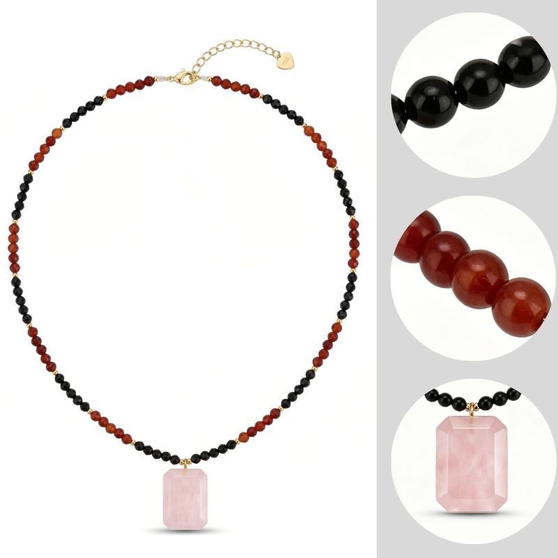 Rose Quartz Pendant Necklace | Adjustable Natural Black Onyx Red Agate Beaded