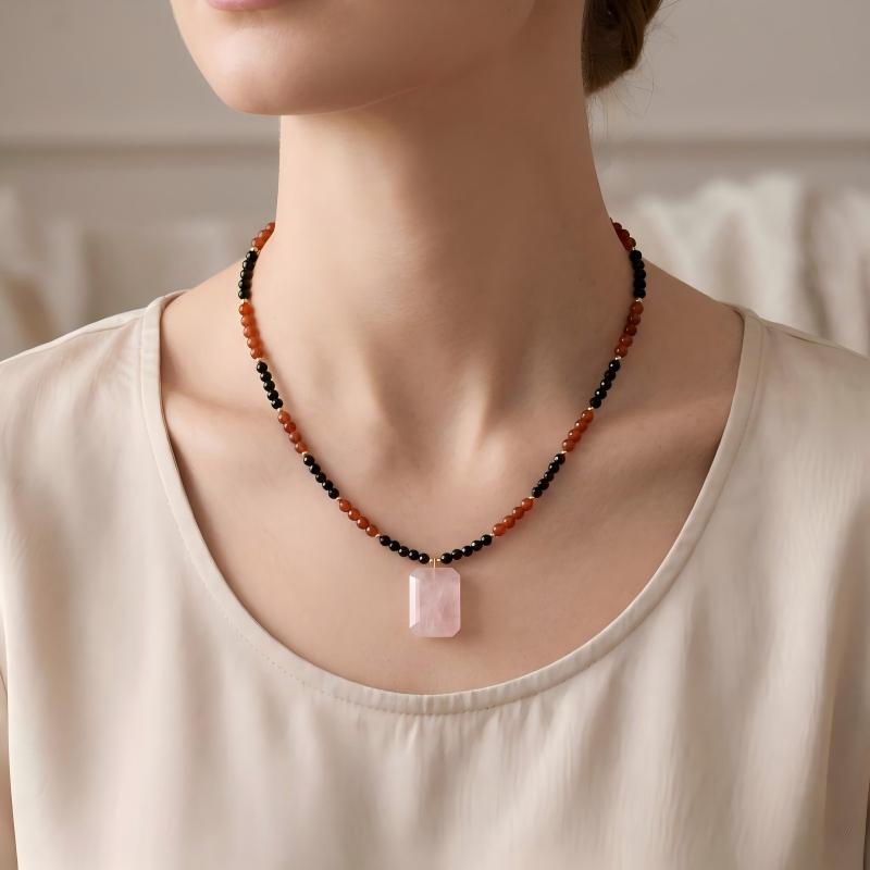 Rose Quartz Pendant Necklace | Adjustable Natural Black Onyx Red Agate Beaded