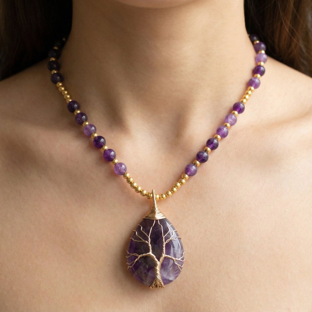 Natural Amethyst 14K Gold Meditation Necklace