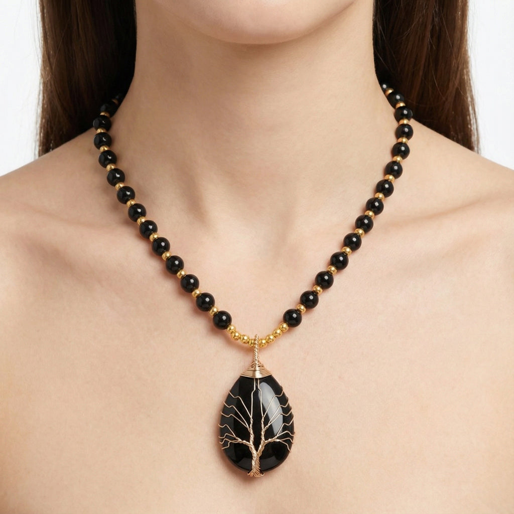 Natural Black Onyx 14K Gold Meditation Necklace