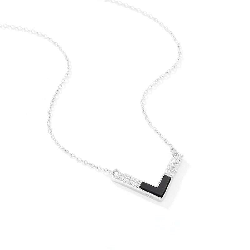 Natural Black Onyx 925 Sterling Silver V-Shaped Pendant Necklace