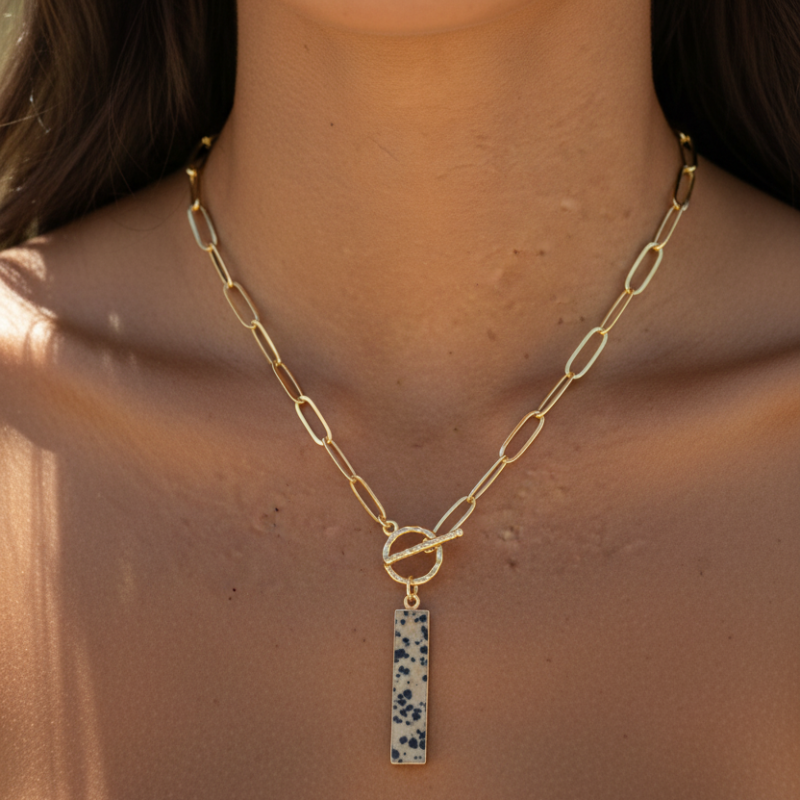 Natural Dalmatian Stone Rectangle Pendant Necklace