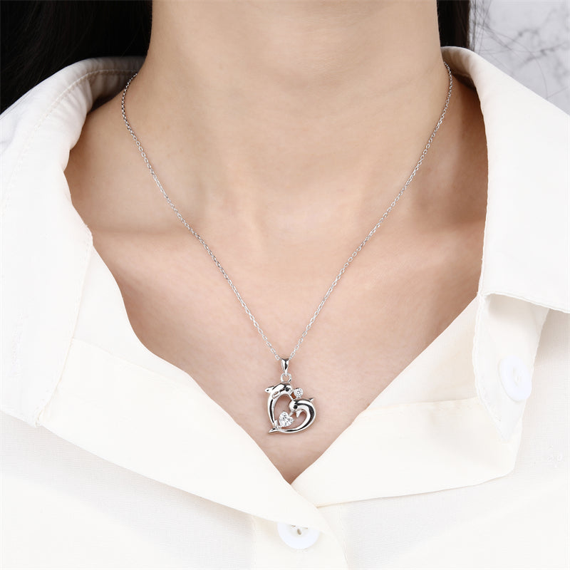 925 Sterling Silver Double Dolphin Heart Pendant Necklace