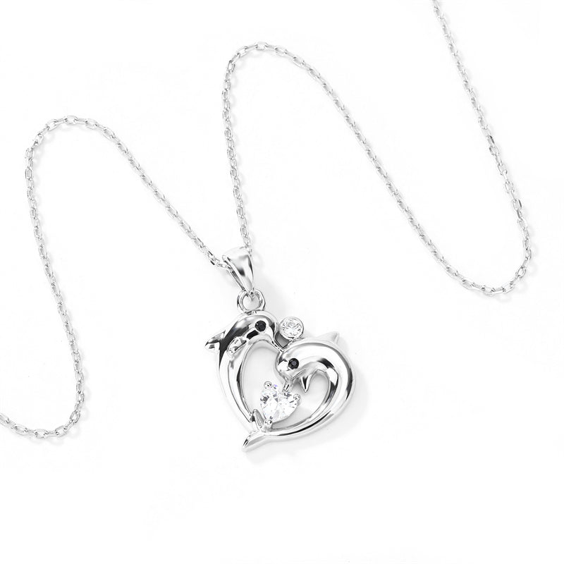 925 Sterling Silver Double Dolphin Heart Pendant Necklace