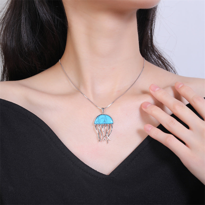 Natural Turquoise 925 Sterling Silver Jellyfish Pendant Necklace