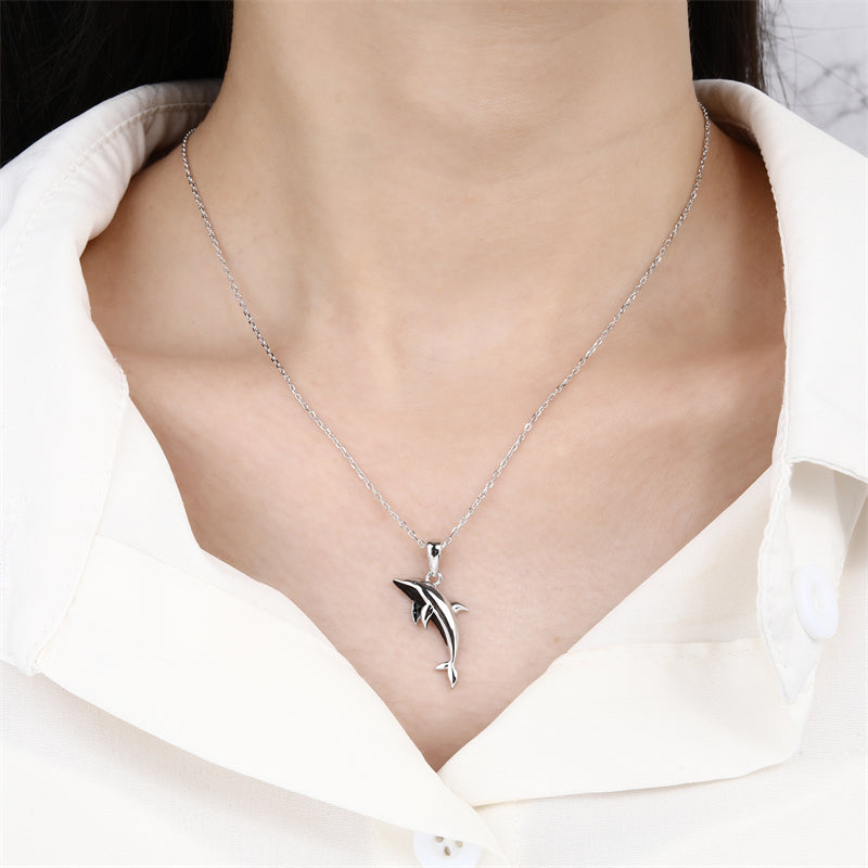 925 Sterling Silver Jumping Dolphin Pendant Necklace