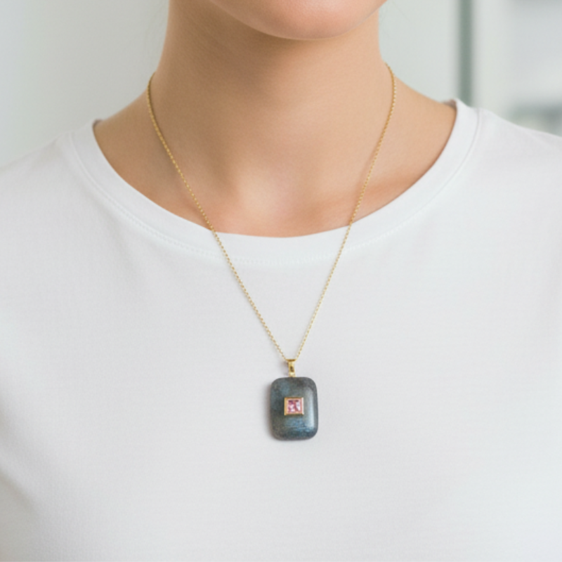 Natural Labradorite Pendant with Pink Rose Quartz