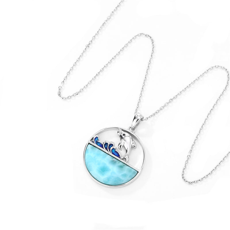 Natural Larimar 925 Sterling Silver Dolphin Pendant Necklace
