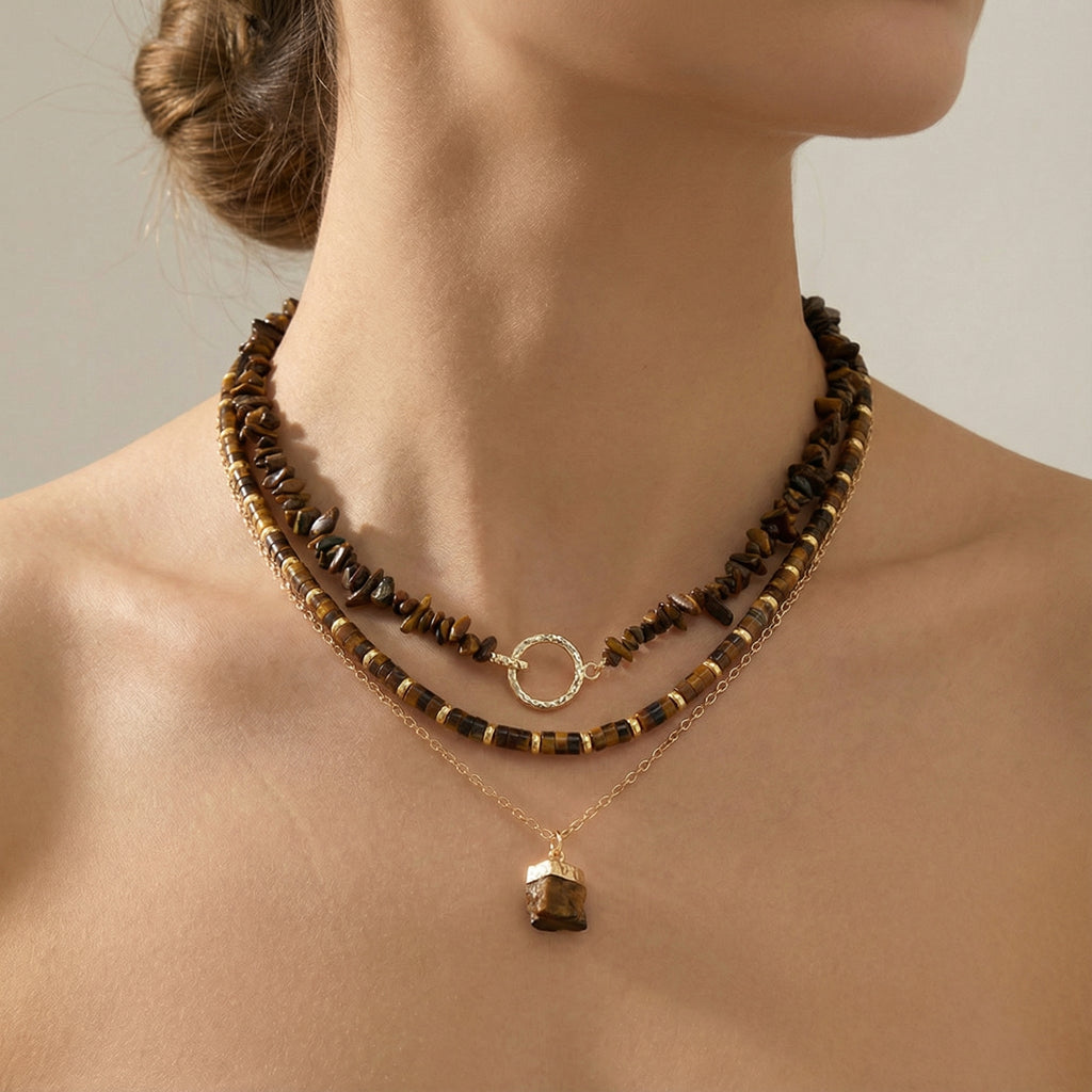 Natural Tiger’s Eye 14K Gold Layered Meditation Necklace