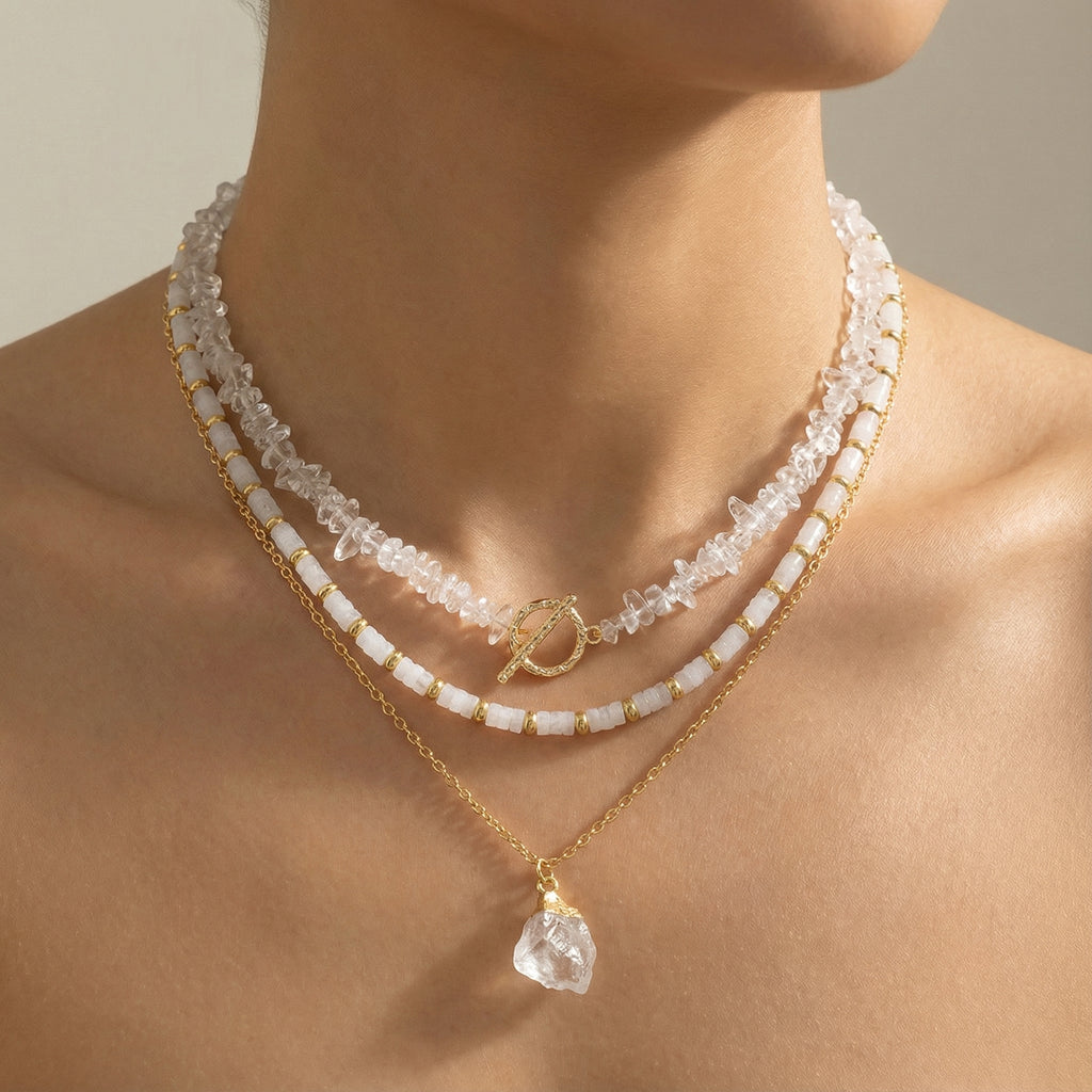 Natural White Crystal 14K Gold Layered Meditation Necklace
