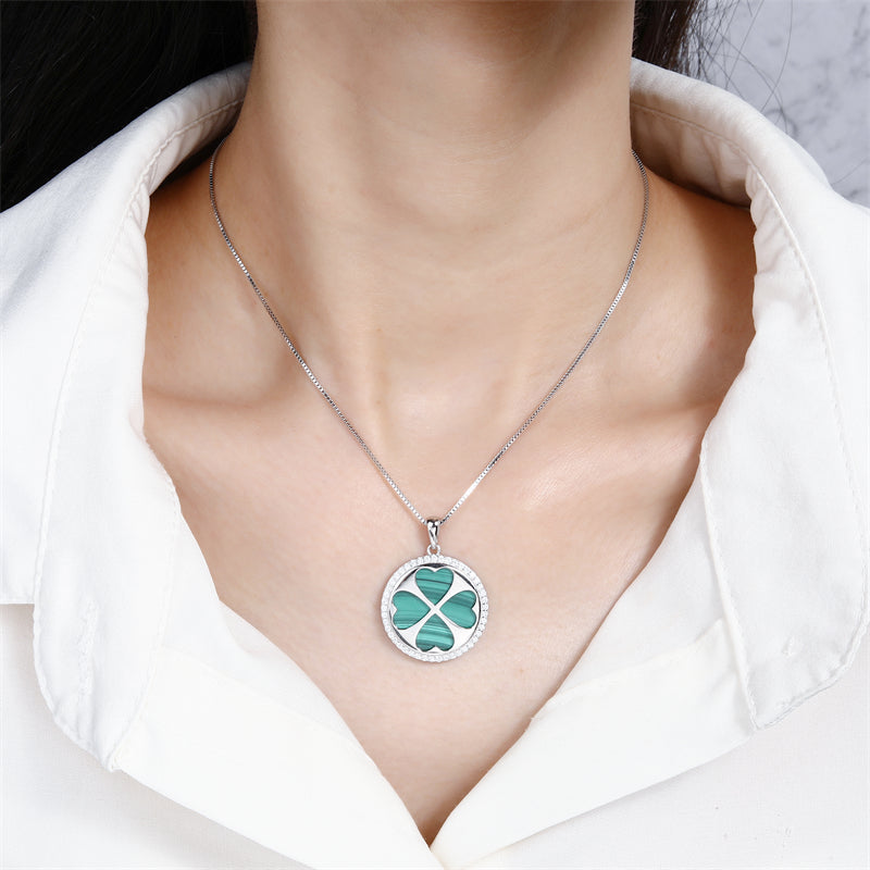 Natural Malachite 925 Sterling Silver Four-Leaf Clover Pendant Necklace