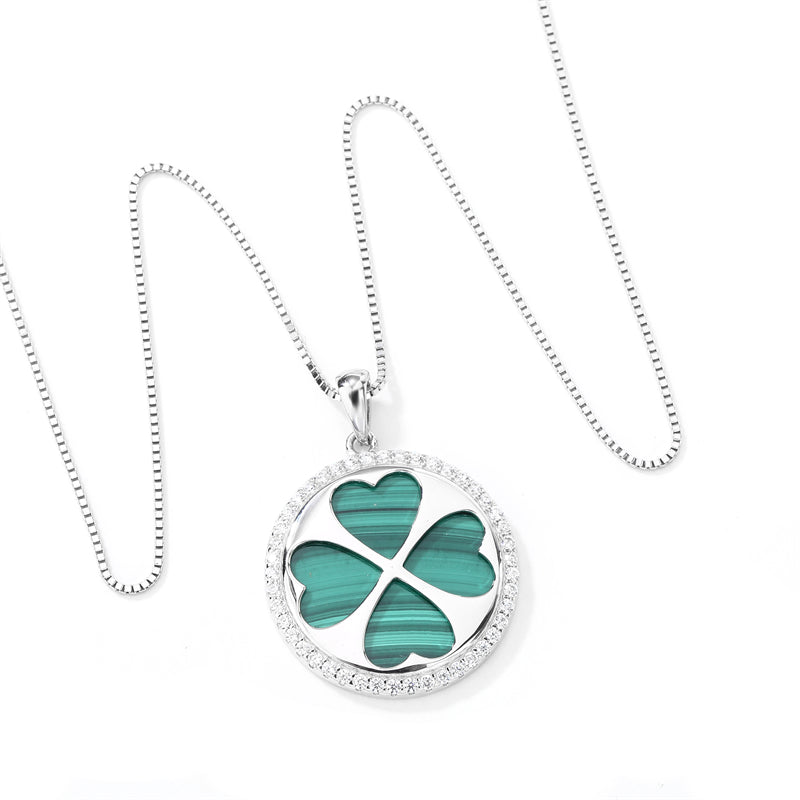 Natural Malachite 925 Sterling Silver Four-Leaf Clover Pendant Necklace