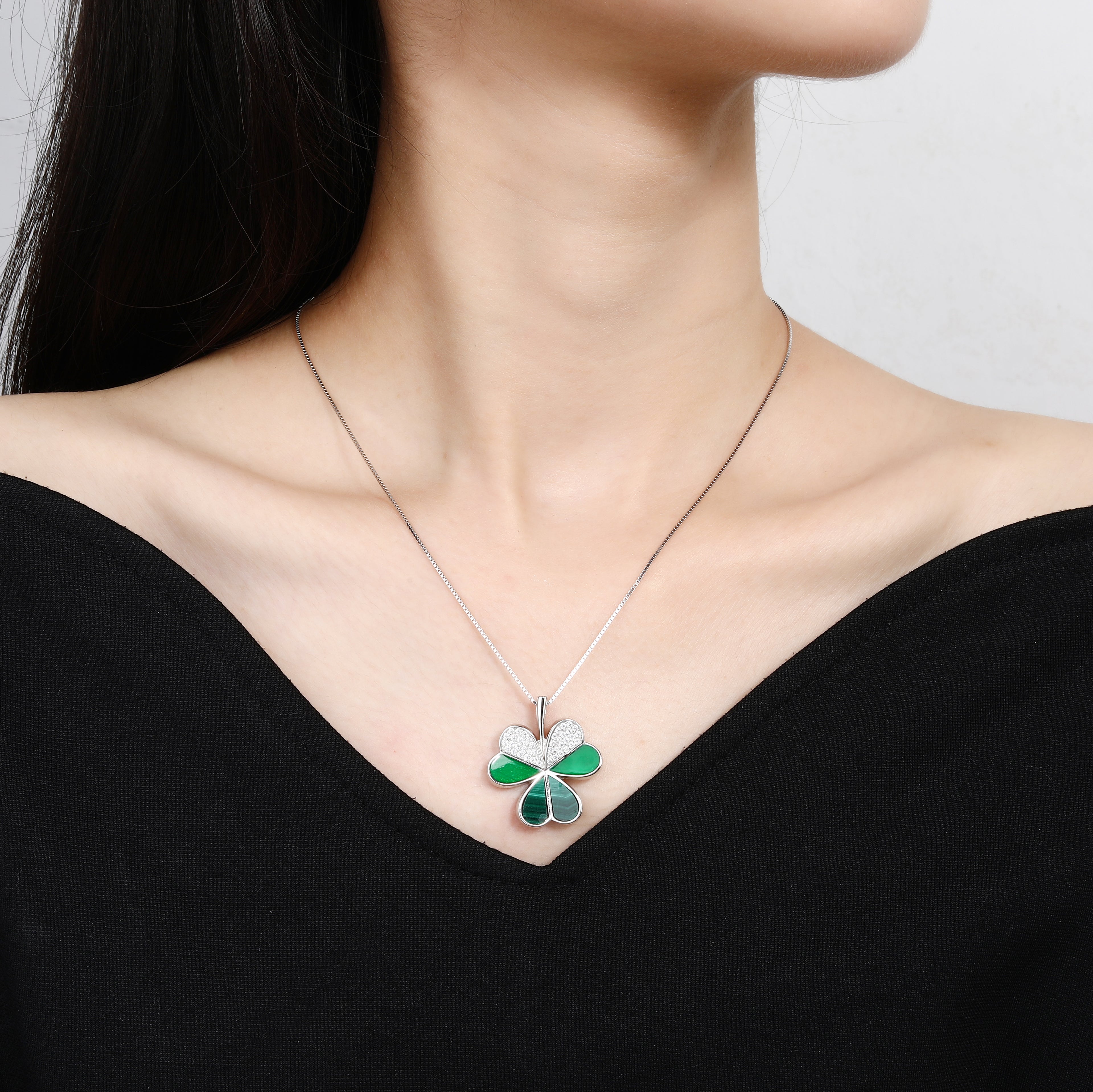 Natural Malachite 925 Sterling Silver Four-Leaf Clover Pendant Necklace