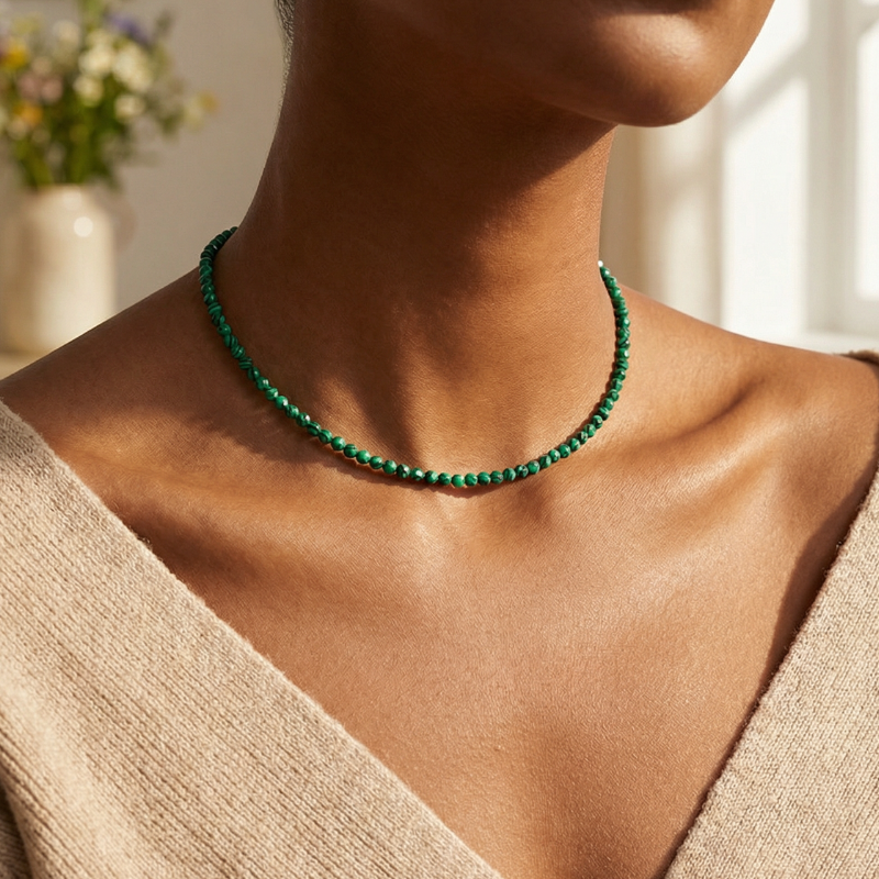 Synthetic Malachite Beaded Necklace - 925 Silver Plated Meditation Jewelry