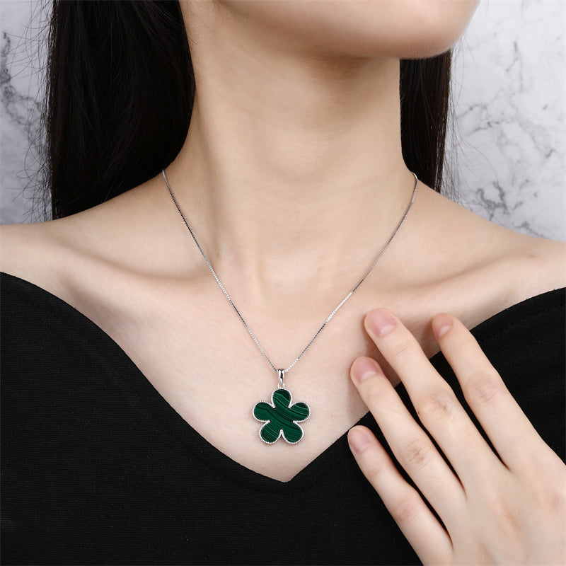 Natural Malachite 925 Sterling Silver Flower Pendant Necklace