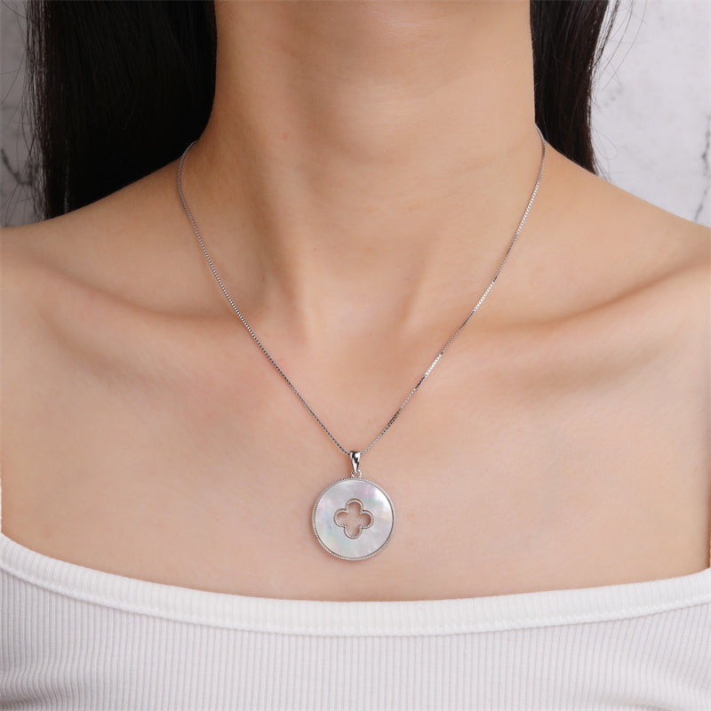 Natural Mother of Pearl 925 Sterling Silver Four-Leaf Clover Pendant Necklace