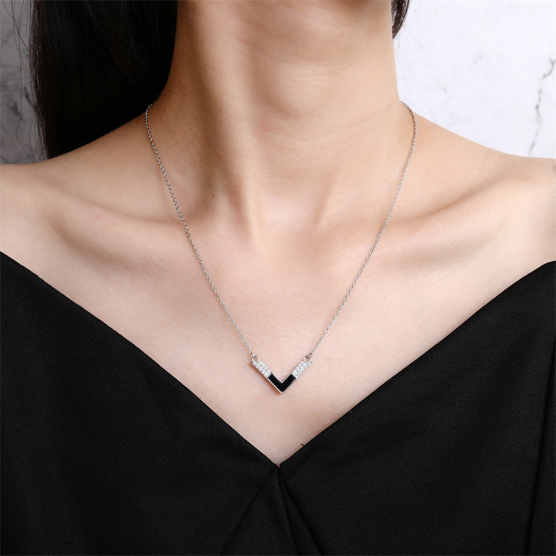 Natural Black Onyx 925 Sterling Silver V-Shaped Pendant Necklace