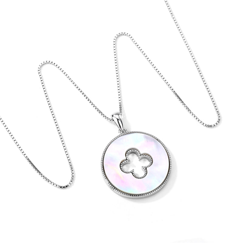 Natural Mother of Pearl 925 Sterling Silver Four-Leaf Clover Pendant Necklace
