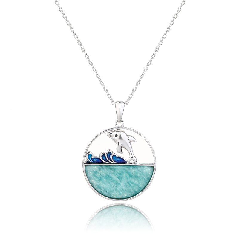 Natural Amazonite 925 Sterling Silver Dolphin Pendant Necklace