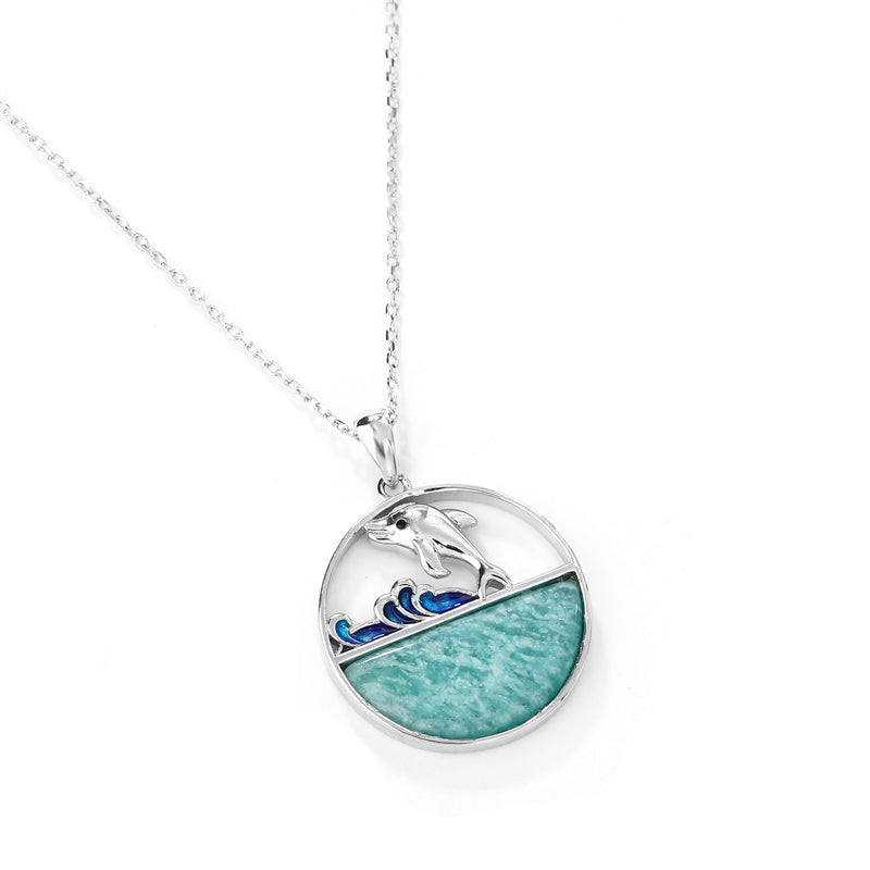Natural Amazonite 925 Sterling Silver Dolphin Pendant Necklace