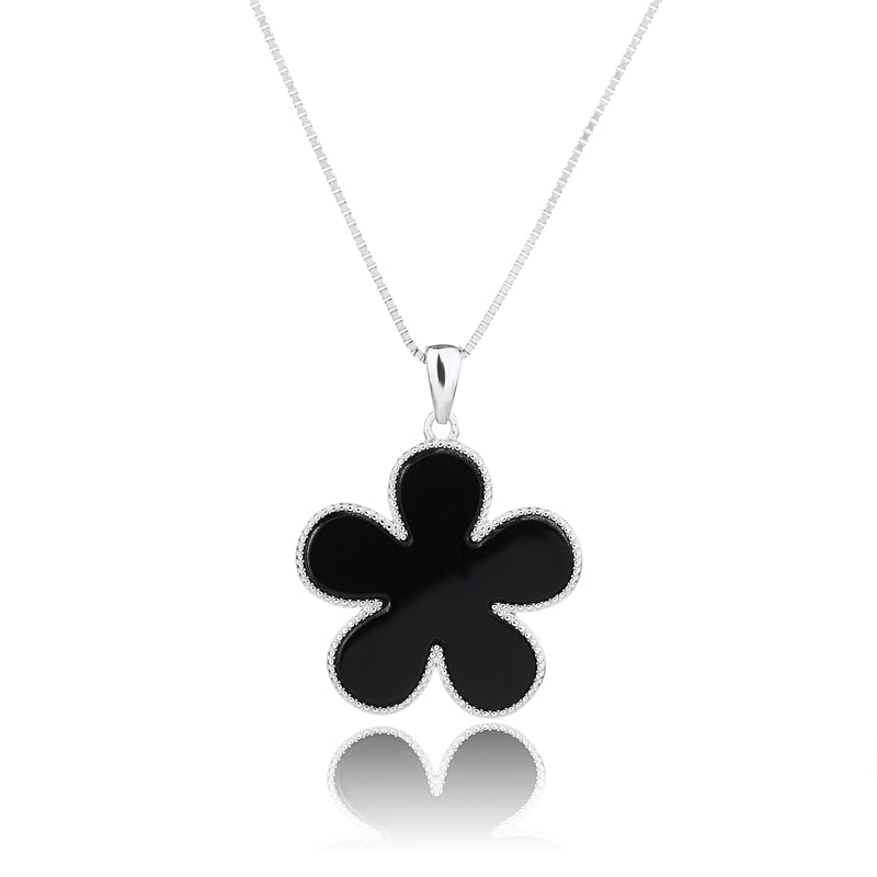 Natural Black Onyx 925 Sterling Silver Flower Pendant Necklace