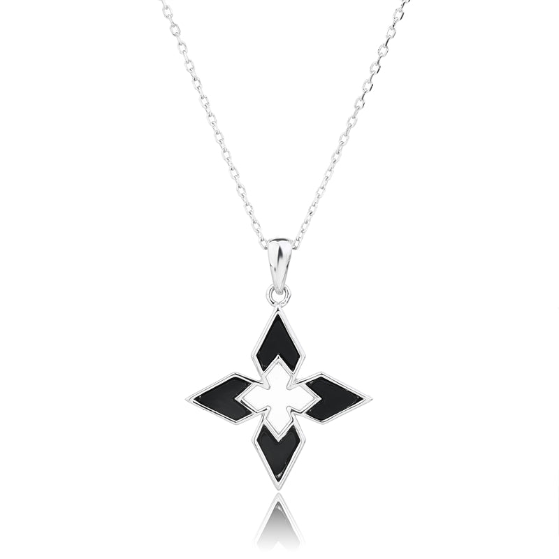 Natural Black Onyx 925 Sterling Silver Geometric Cross Pendant Necklace