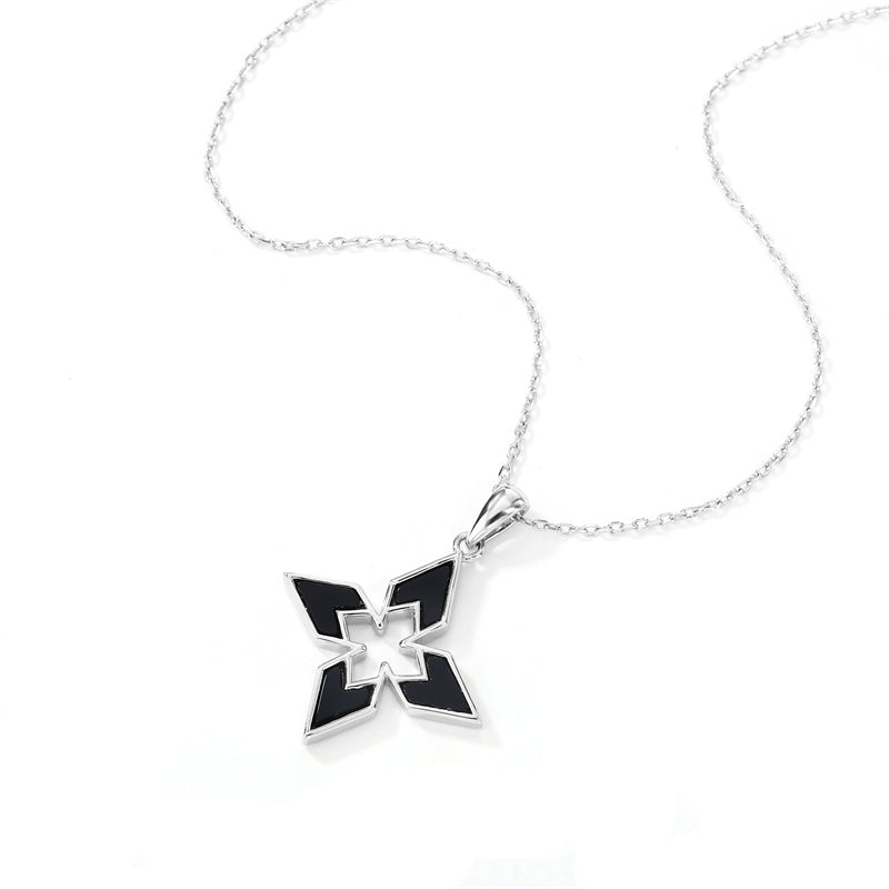 Natural Black Onyx 925 Sterling Silver Geometric Cross Pendant Necklace