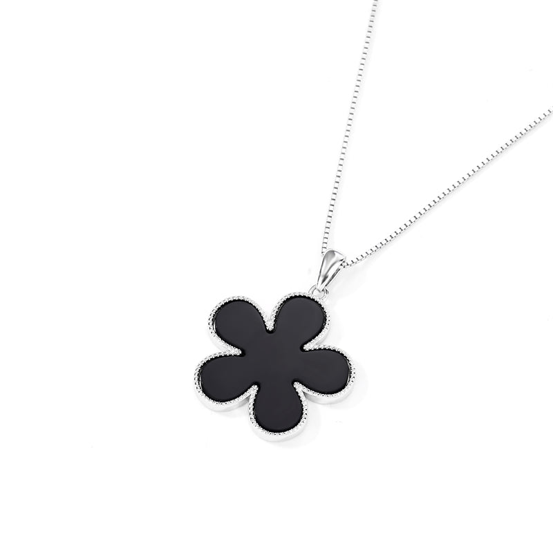 Natural Black Onyx 925 Sterling Silver Flower Pendant Necklace