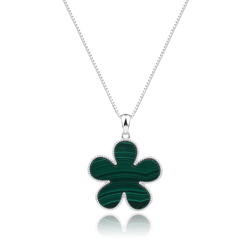 Natural Malachite 925 Sterling Silver Flower Pendant Necklace