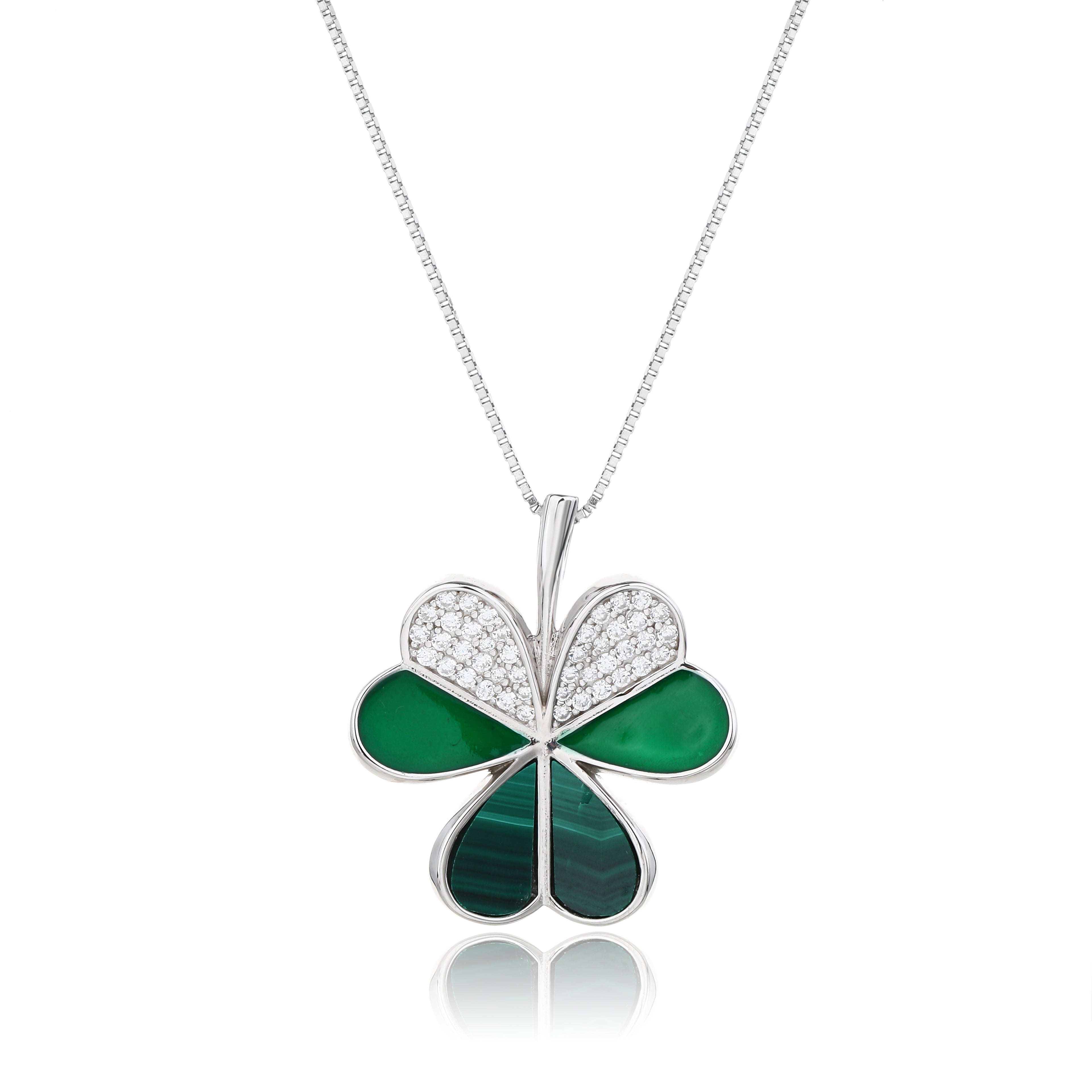 Natural Malachite 925 Sterling Silver Four-Leaf Clover Pendant Necklace