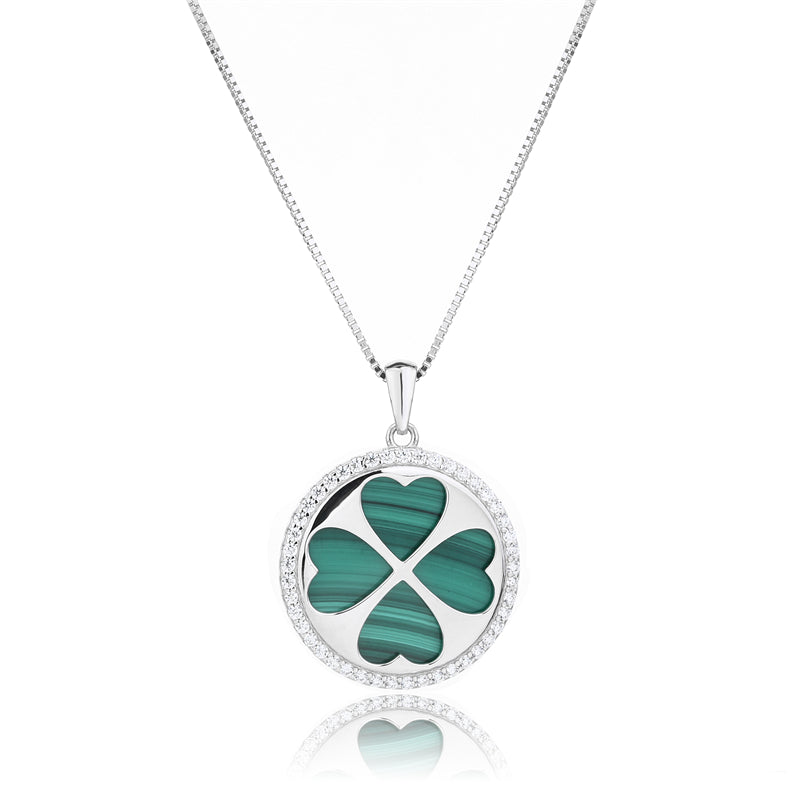 Natural Malachite 925 Sterling Silver Four-Leaf Clover Pendant Necklace