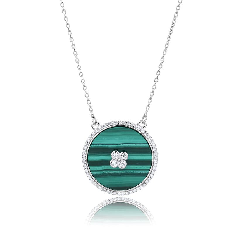 Natural Malachite 925 Sterling Silver Round Pendant Necklace
