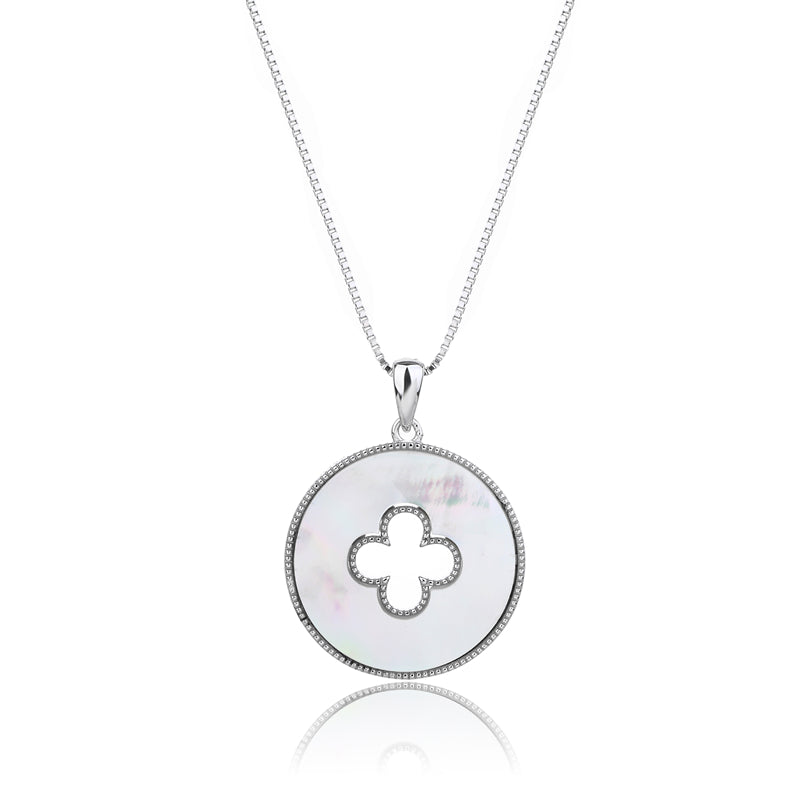 Natural Mother of Pearl 925 Sterling Silver Four-Leaf Clover Pendant Necklace