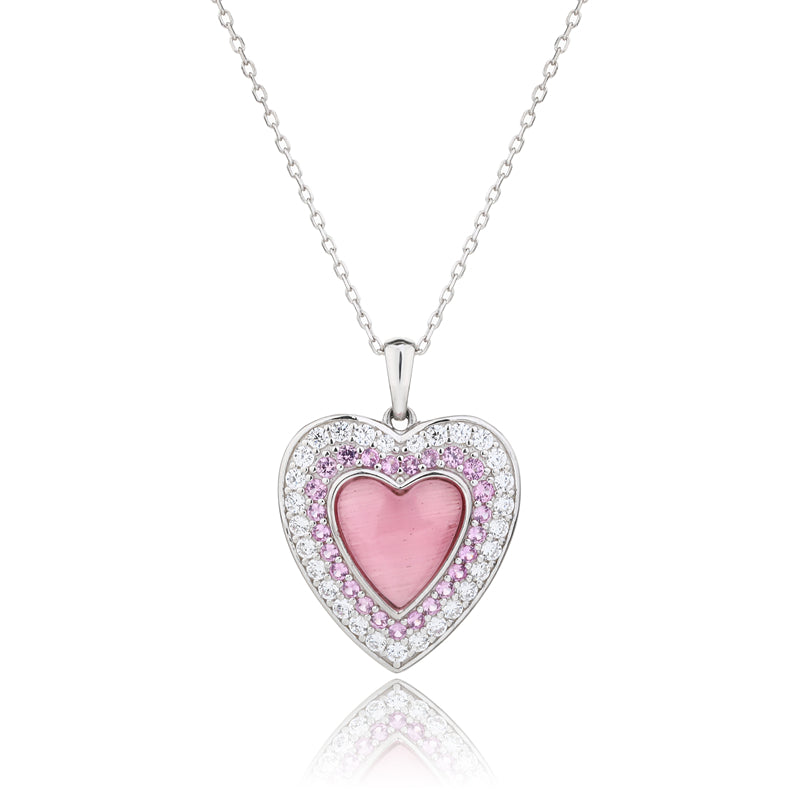 Natural Pink Quartz Cat's Eye 925 Sterling Silver Double Heart Pendant Necklace