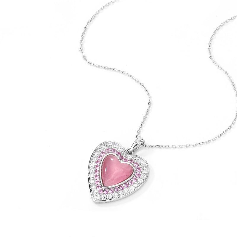 Natural Pink Quartz Cat's Eye 925 Sterling Silver Double Heart Pendant Necklace
