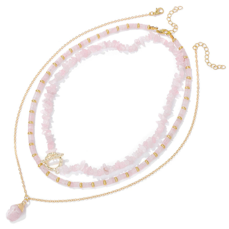 Natural Rose Quartz 14K Gold Layered Meditation Necklace