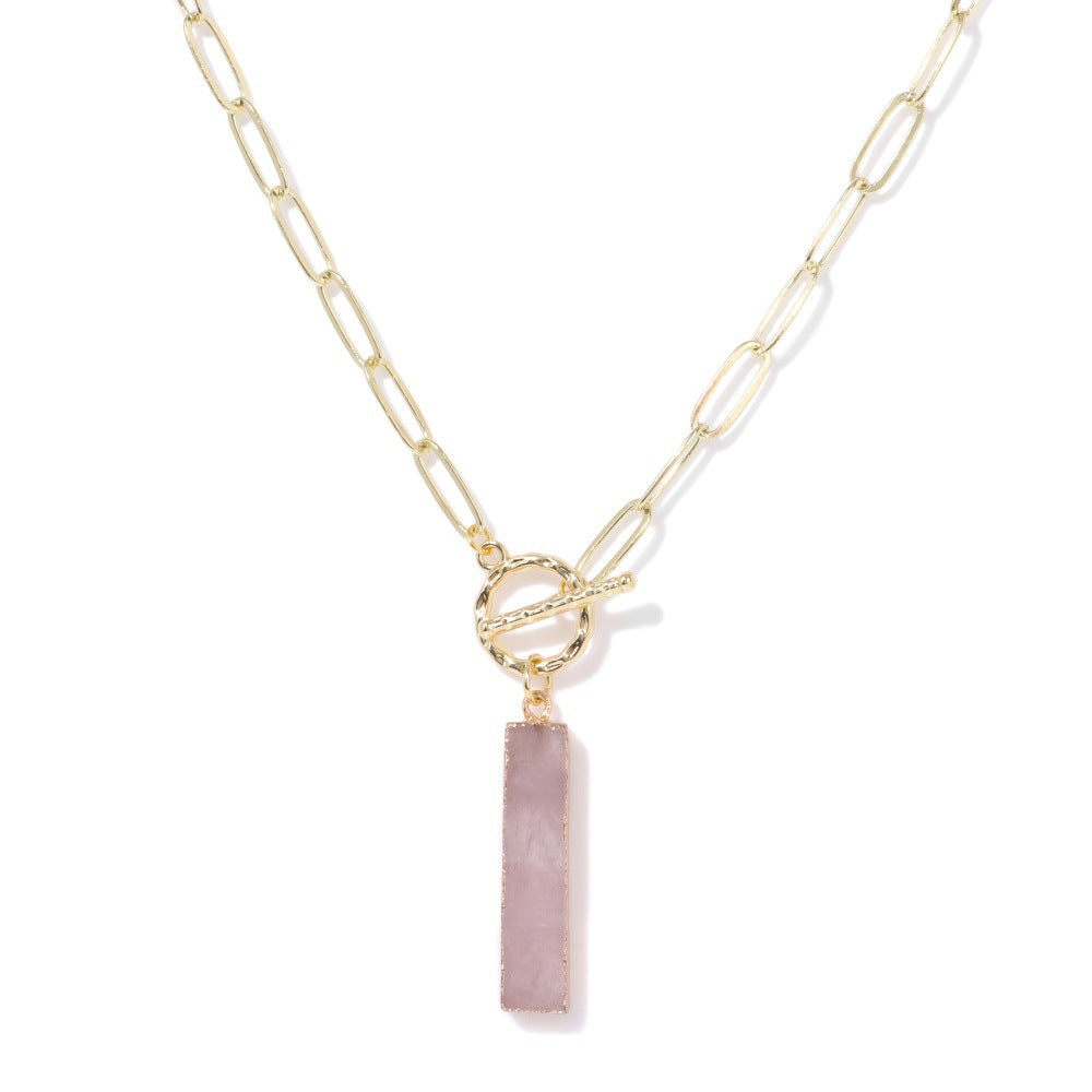 Natural Rose Quartz Rectangle Pendant Necklace