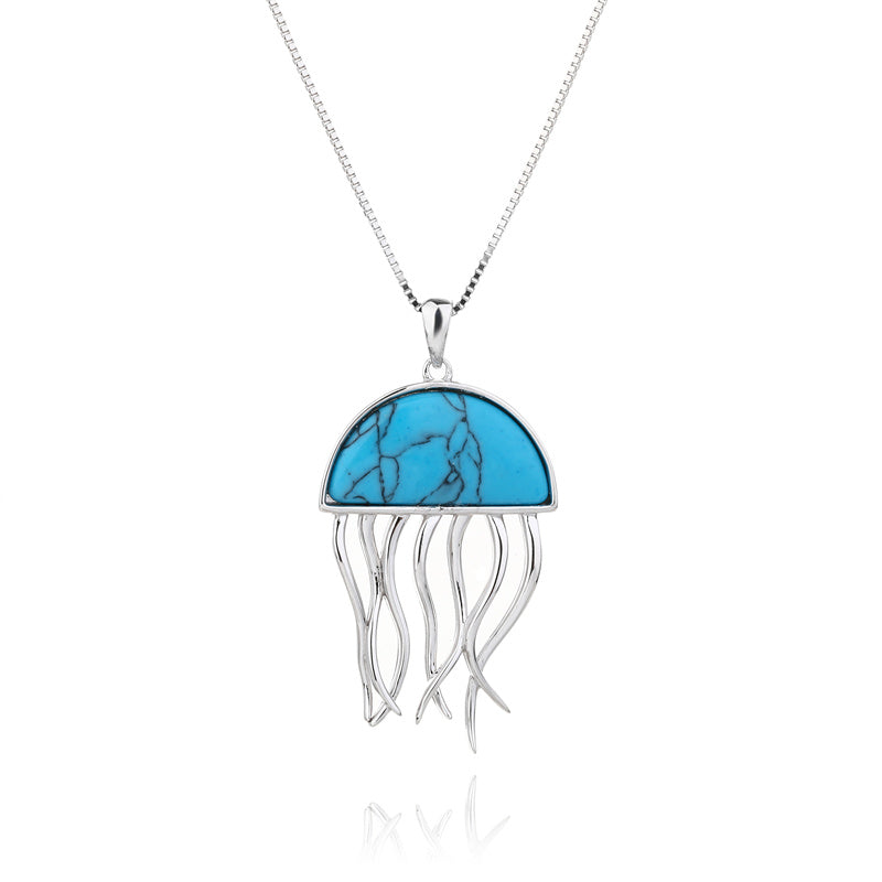 Natural Turquoise 925 Sterling Silver Jellyfish Pendant Necklace