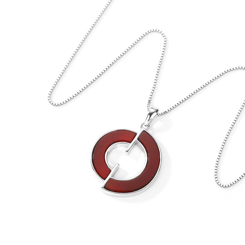 Natural Red Agate 925 Sterling Silver Circle Pendant Necklace