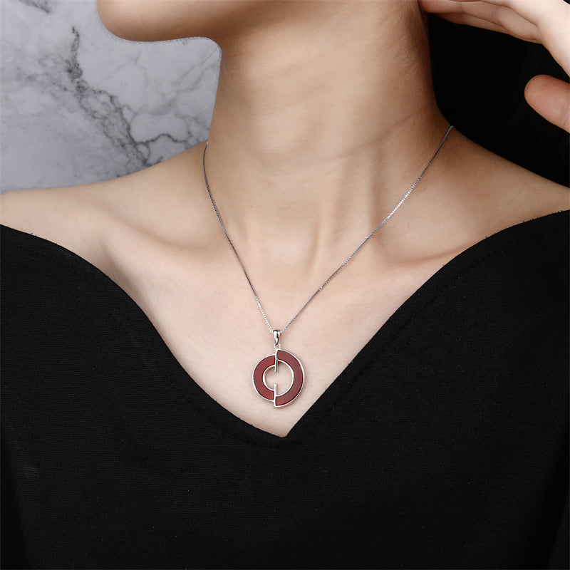 Natural Red Agate 925 Sterling Silver Circle Pendant Necklace