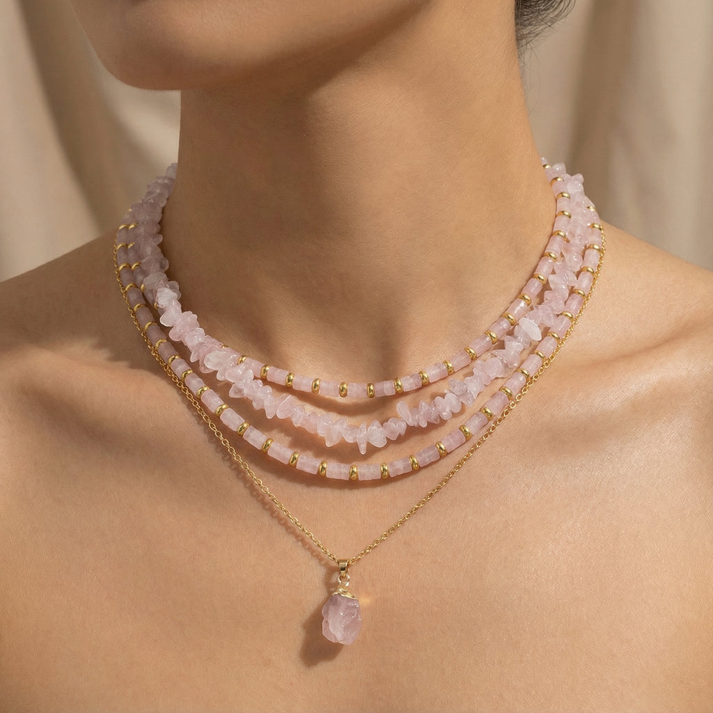 Natural Rose Quartz 14K Gold Layered Meditation Necklace
