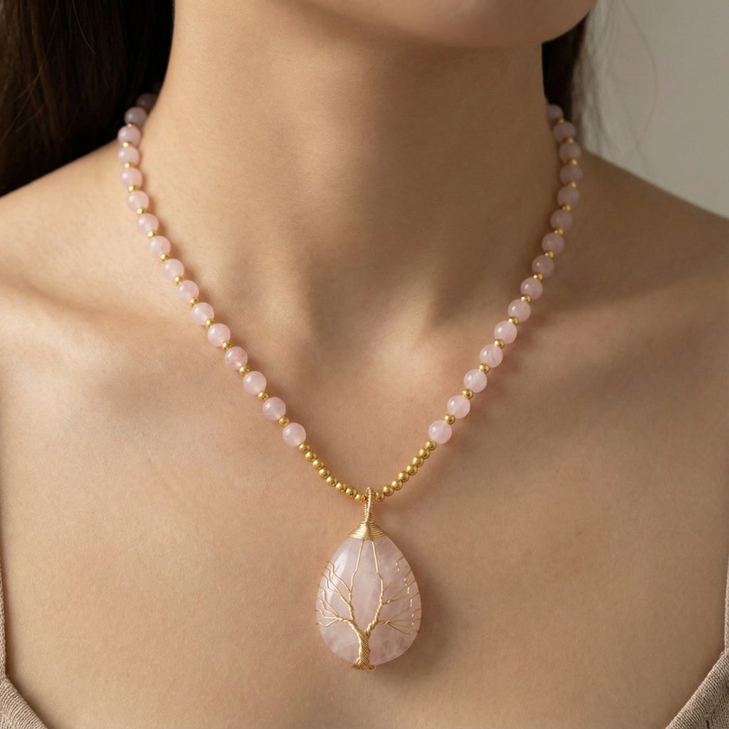 Natural Rose Quartz 14K Gold Meditation Necklace